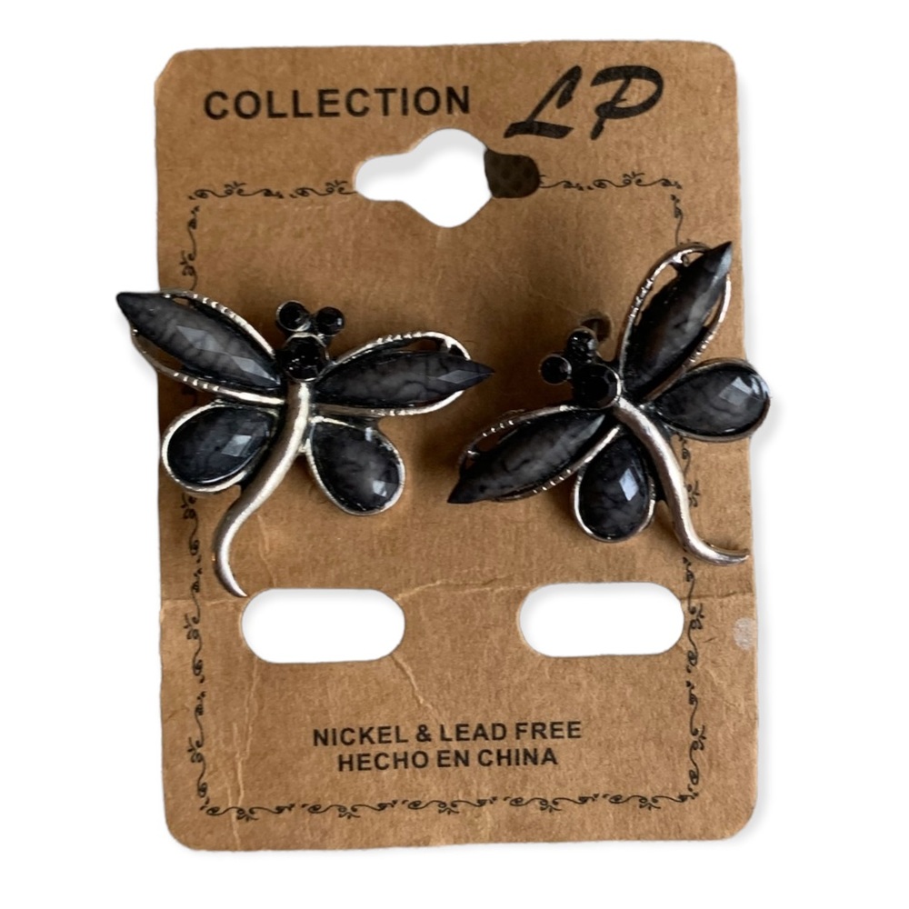 5/$20 Dragonfly silver black earrings studs